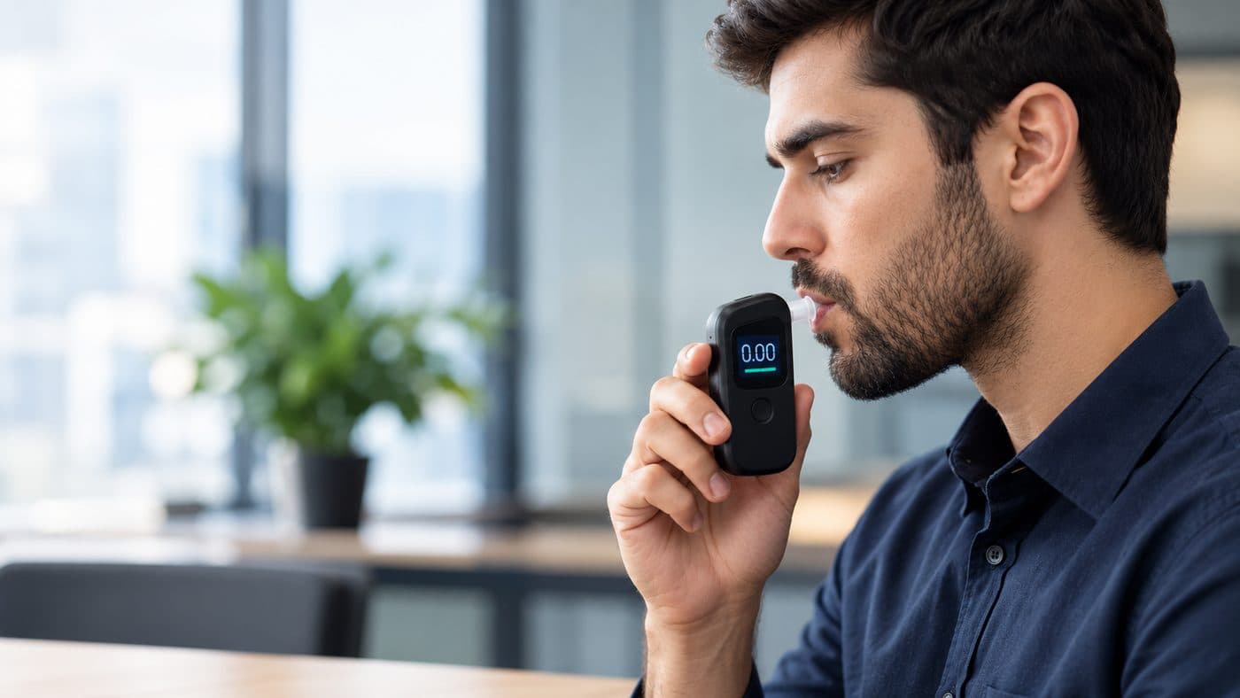 Man using a handheld breathalyzer device to complete a real-time alcohol monitoring breath test