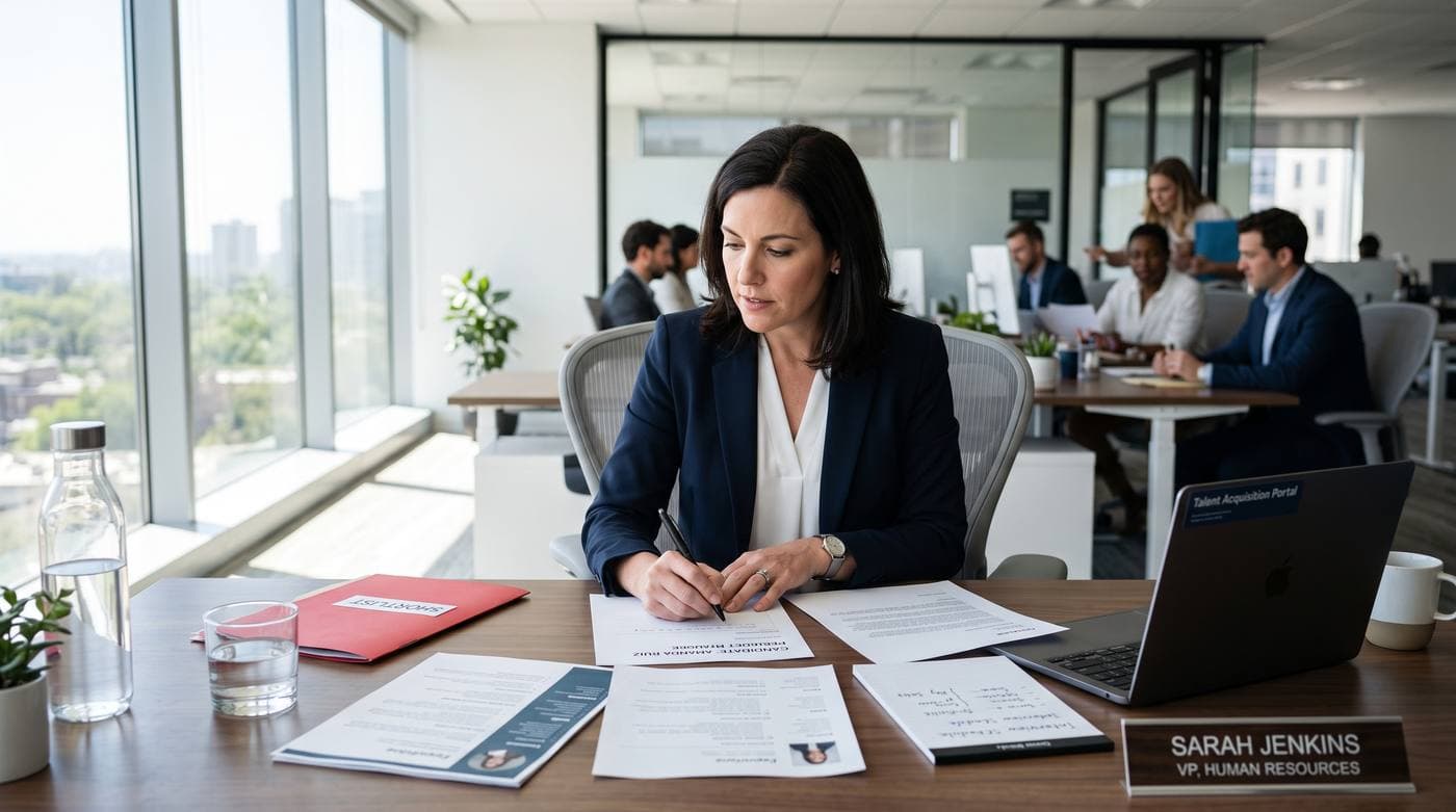 HR manager reviewing candidate résumés and a shortlist during a background check process