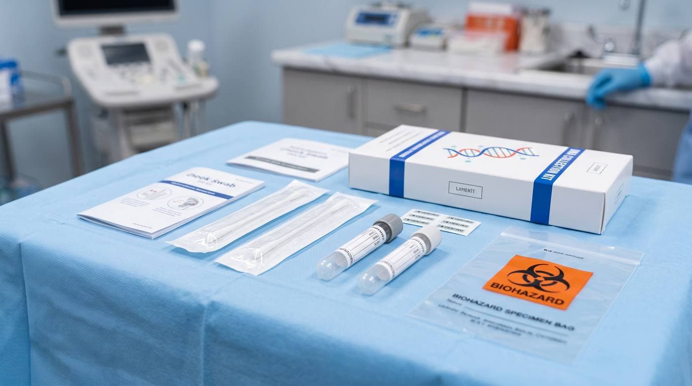 DNA collection kit with cheek swabs and labeled vials prepared for paternity testing