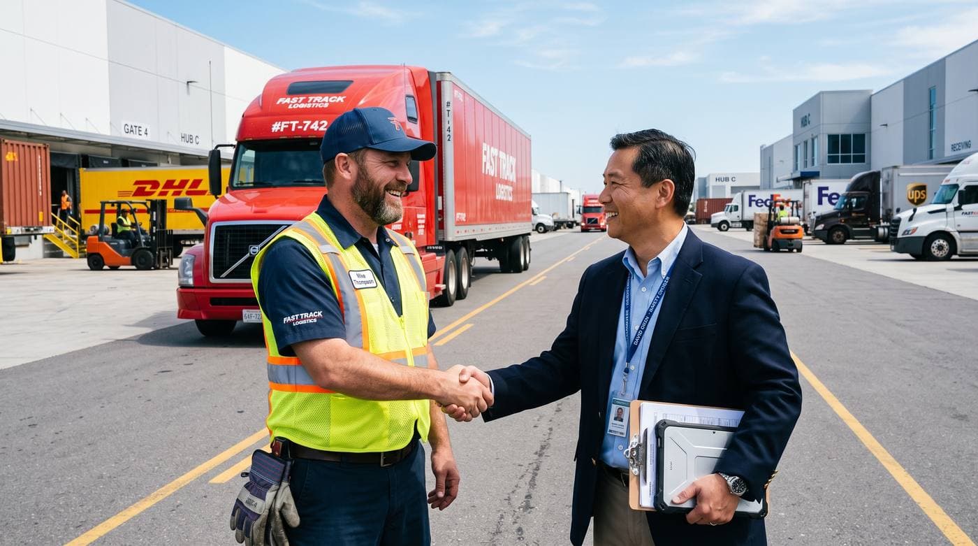 Trucking safety officer and driver shaking hands at a logistics hub, representing a DOT compliance partnership