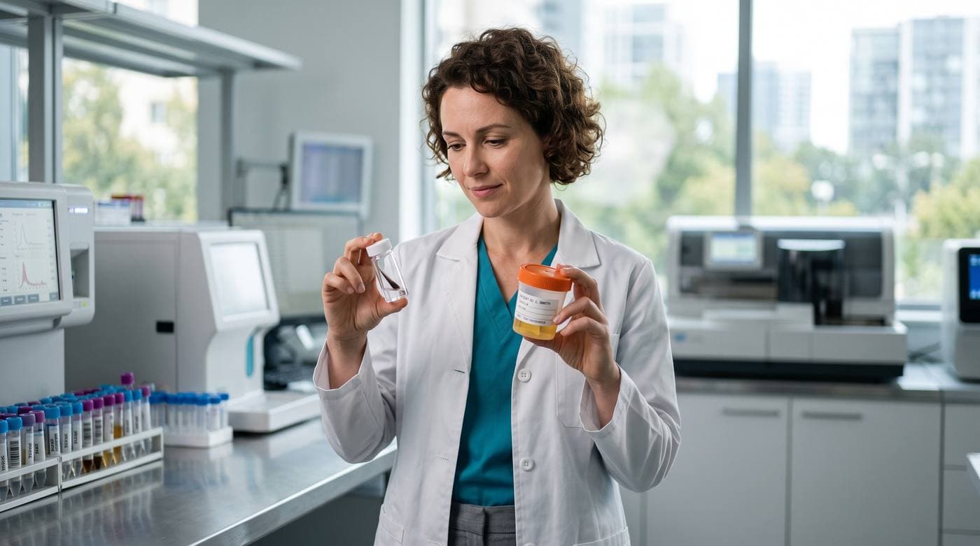 Lab professional holding a urine specimen cup and vial for drug testing