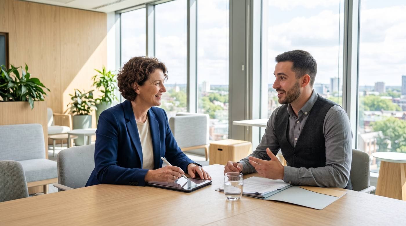 Employer and HR representative discussing a workplace screening program in a meeting